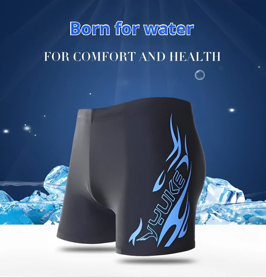 Men's plus size boxer swimming trunks with fire pattern design and coordinating swimming cap