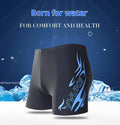 Men's plus size boxer swimming trunks with fire pattern design and coordinating swimming cap