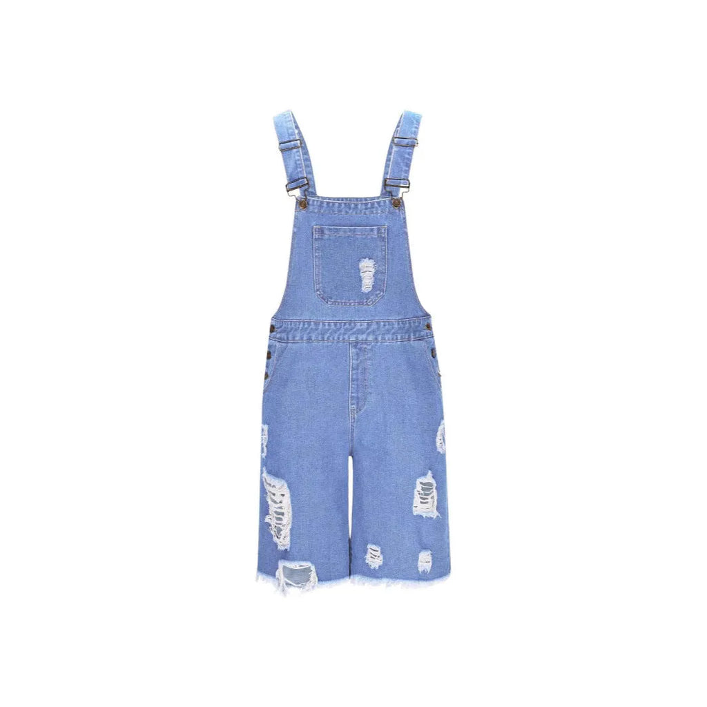 Men's ripped denim shorts with suspenders in dark blue, light blue, and black colours.