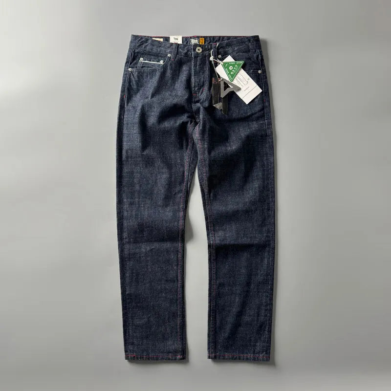 Men's straight leg jeans in American retro style with primary colour wash and mid waist design