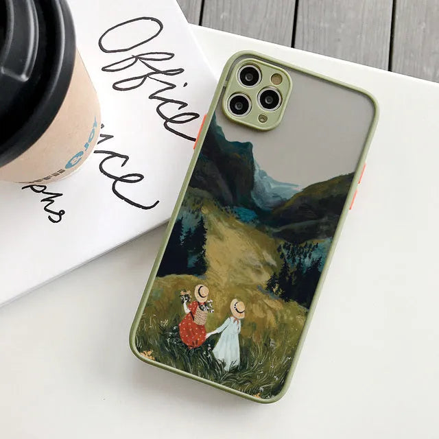 Vintage cartoon scenery girl print phone case for iPhone 13 series, showing retro illustration