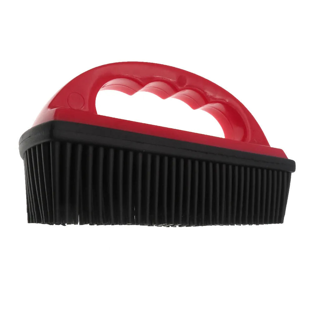 Red silicone pet hair removal brush with massage function for dog grooming and carpet cleaning