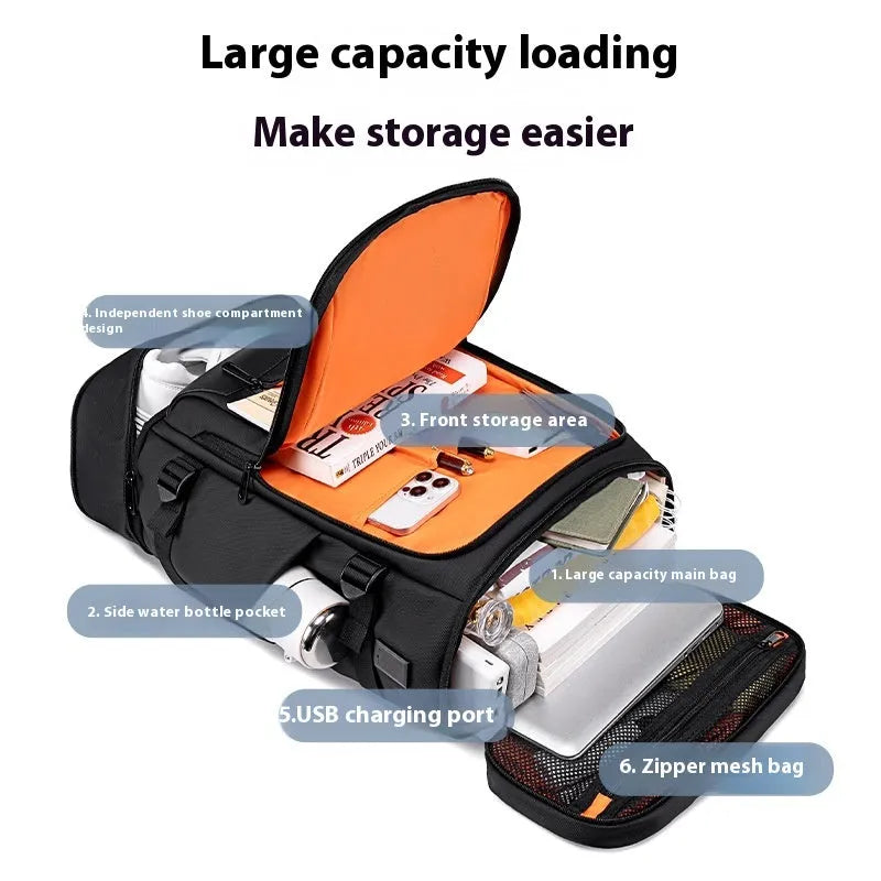 Black Oxford cloth travel bag with USB interface and curved shoulder strap for 16-inch computer
