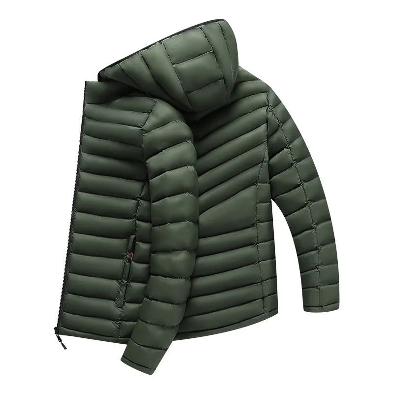 Men's lightweight down jacket with detachable hood in black, army green or blue colour