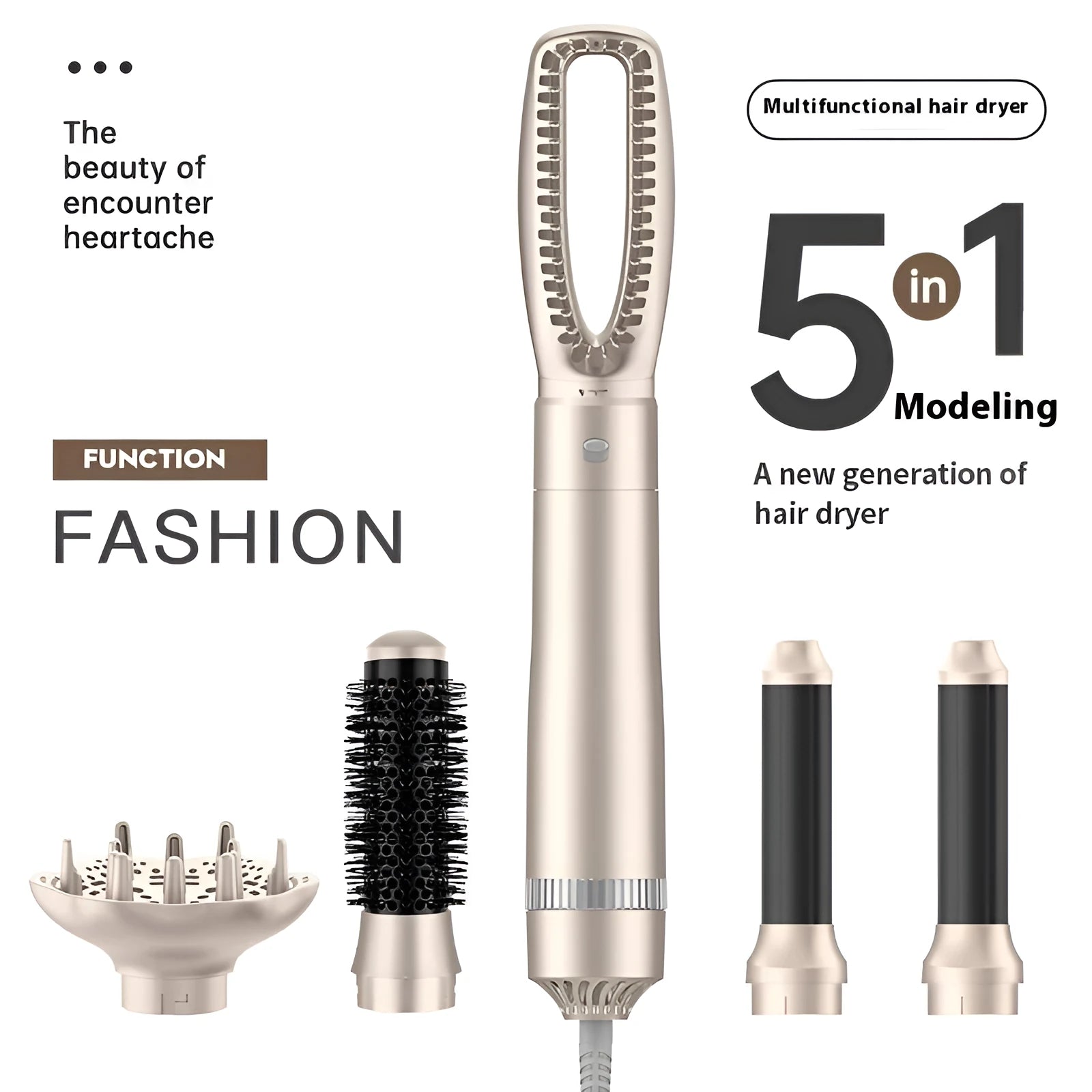 Champagne gold hot air comb hair curler and straightener with five-in-one functions