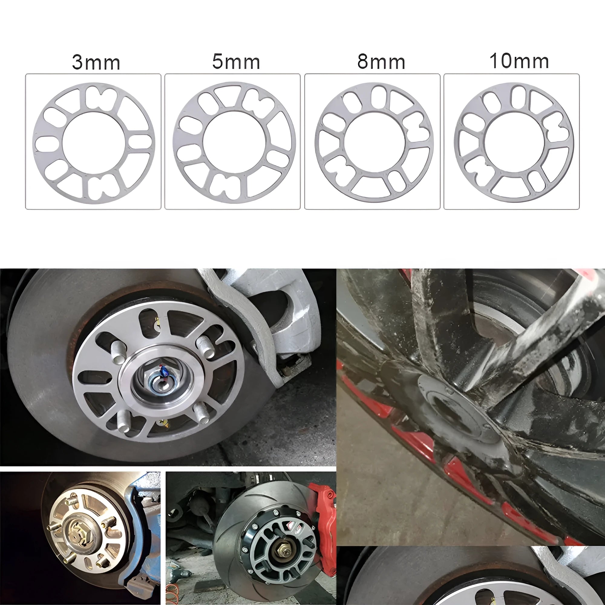 Automotive wheel hub widening gasket spacer in various thicknesses for brake clearance.