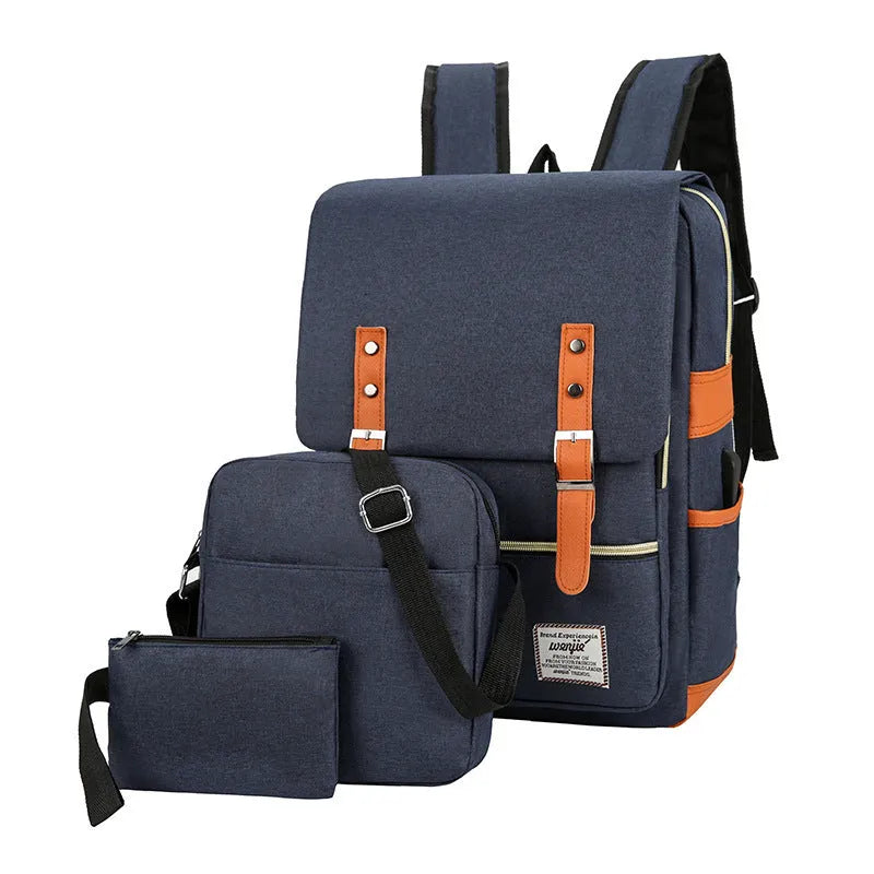 Three-piece business backpack in Oxford cloth with multiple compartments, curved shoulder straps, shown in four colour options