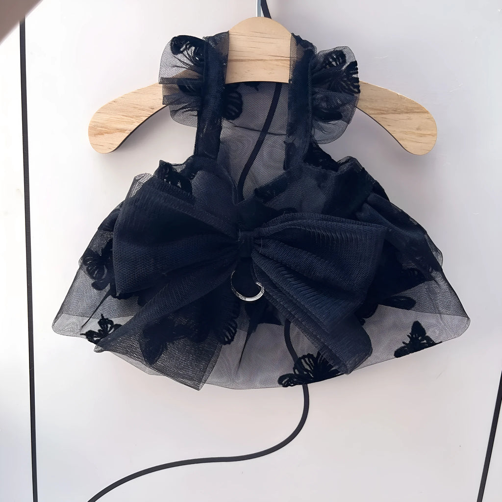 Black gauze princess tulle skirt for small dog or cat with decorative dress styling
