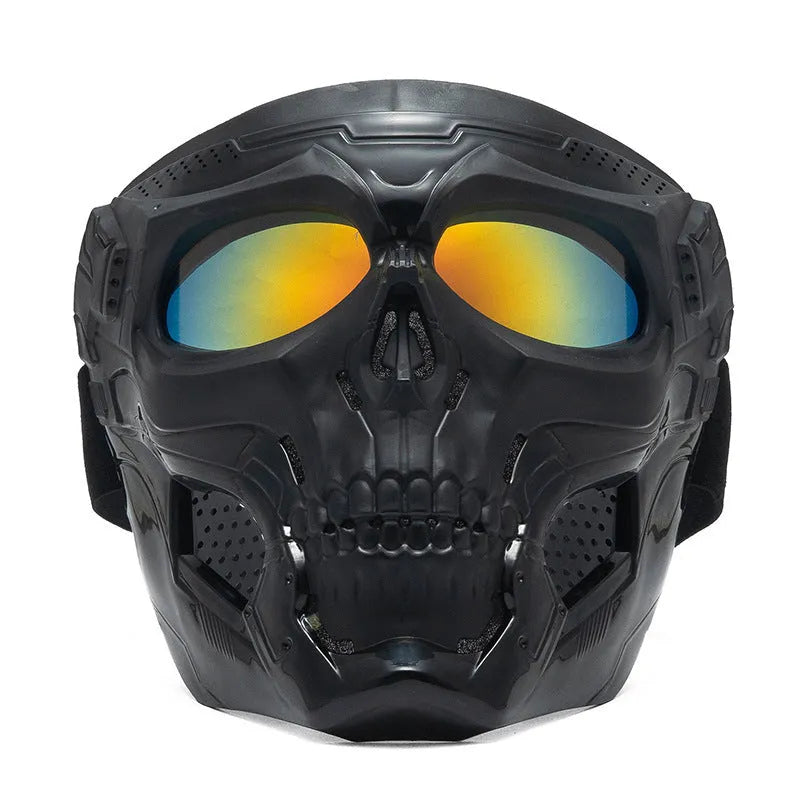 Skull riding mirror windproof goggles unisex full frame with interchangeable lens and headband in black