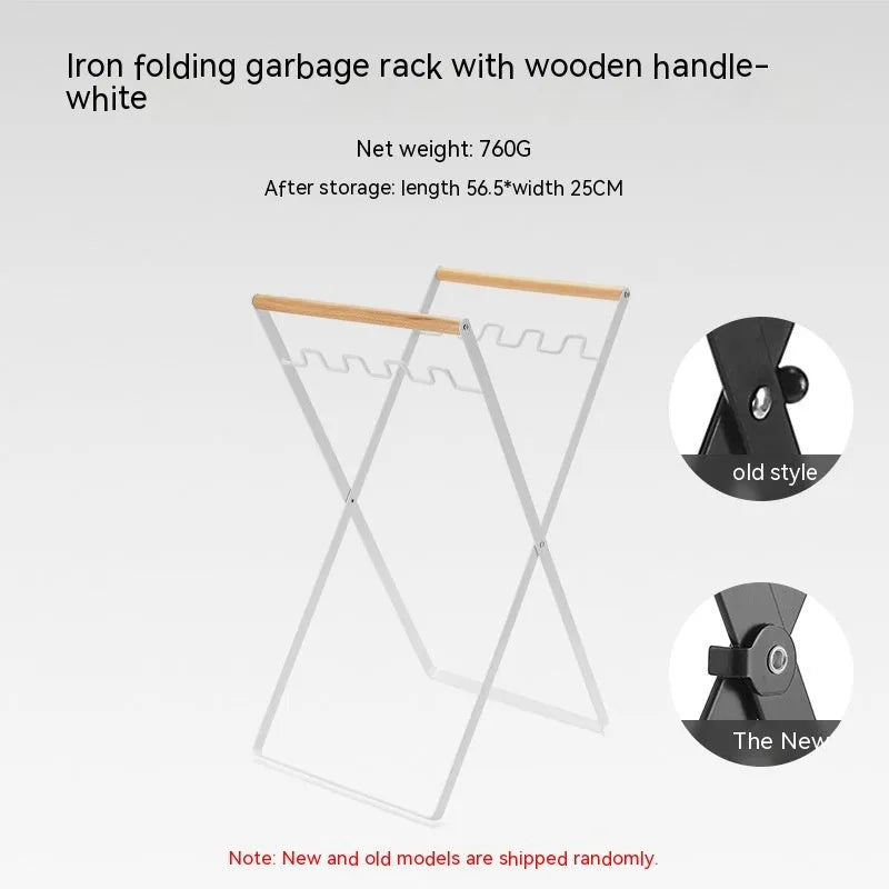 Black folding outdoor trash rack with a wooden handle, holding a rubbish sack.