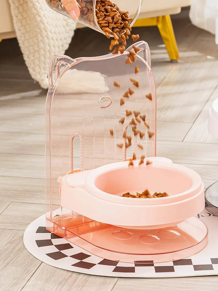 Grey plastic cat feeding bowl with cat ear design and adjustable height mechanism