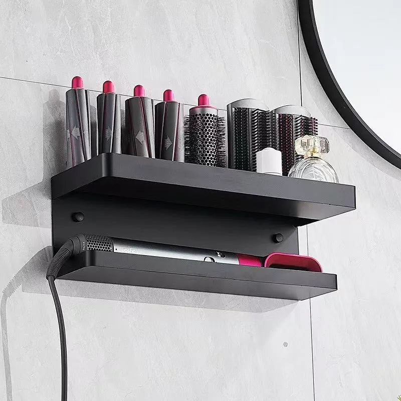 Aluminium punch-free bathroom storage rack holding hair curlers in black finish