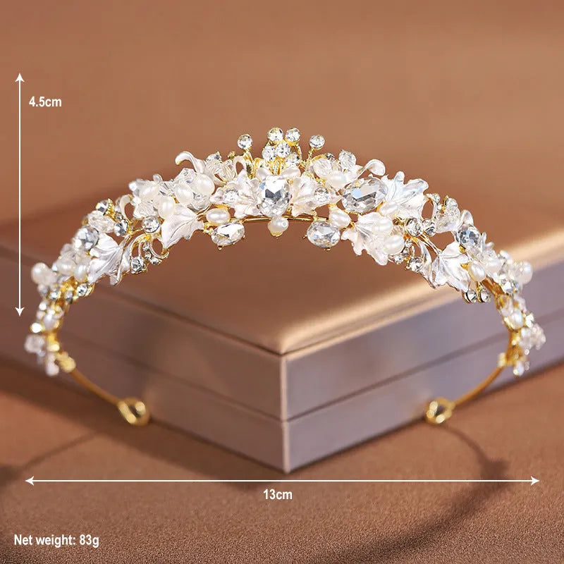 Pearl crown headdress for women with gold electroplated finish and alloy construction