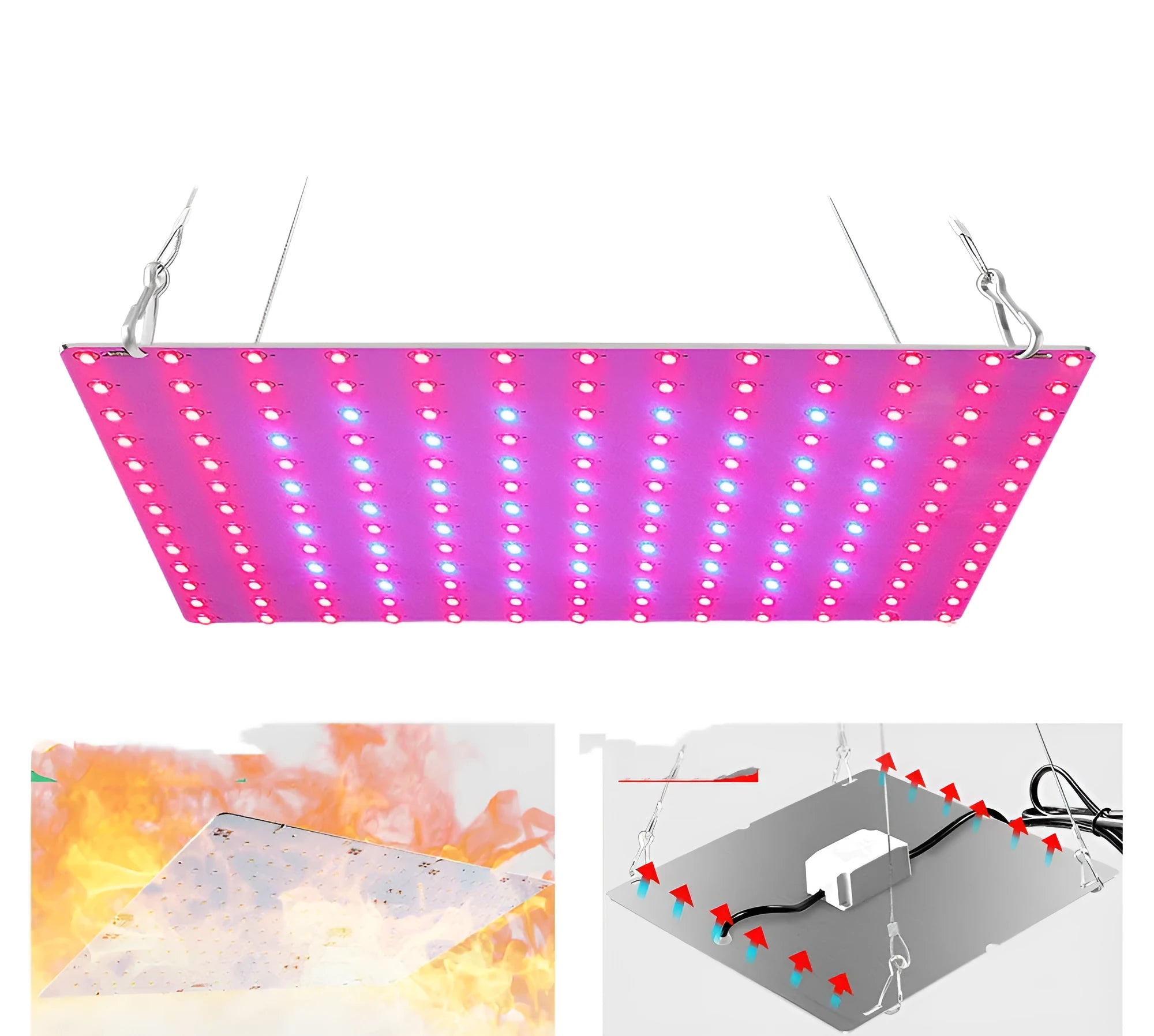 Aluminium D-section plant growing light with LED beads, shown with a hook for overhead mounting.