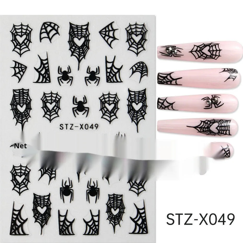 Plastic sheet of black, silver, and cartoon design nail art stickers for DIY manicures.