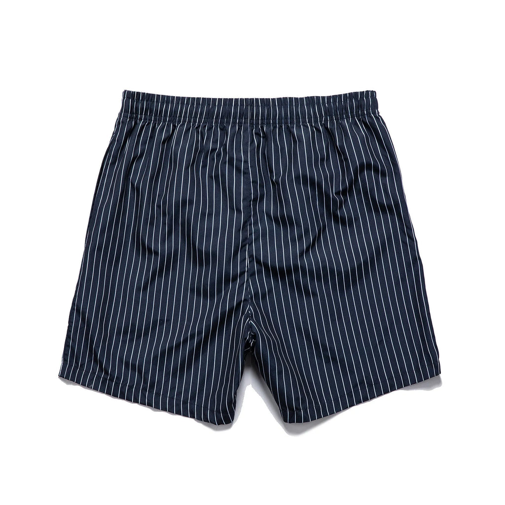 Navy blue and grey striped beach shorts with a straight leg opening on a mannequin.