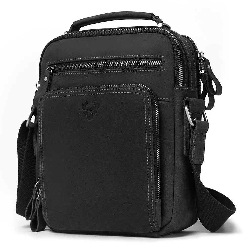 Men's brown genuine leather retro style crossbody bag with sewing line detail.