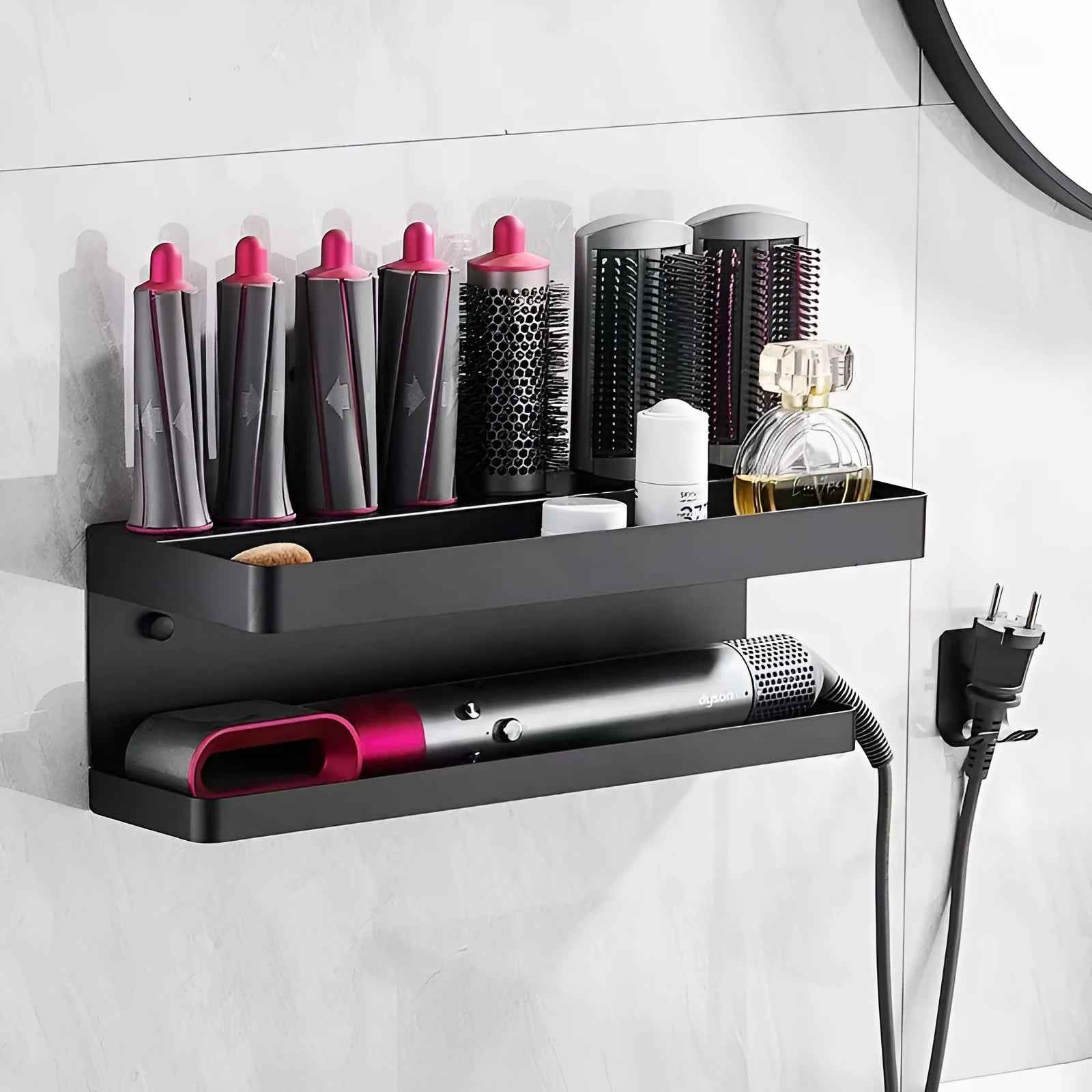 Aluminium punch-free bathroom storage rack holding hair curlers in black finish