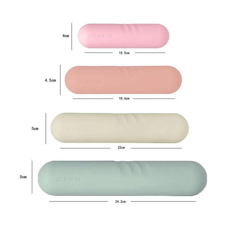 Silicone-edged hand-drawn dumbbell stick in a choice of colours including pink, green, and black, shown with cast iron weight.