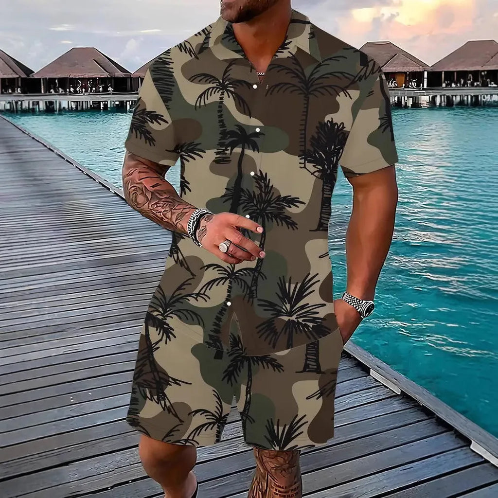 Men's 3D printed Hawaiian shirt and shorts co-ord set in a casual style.