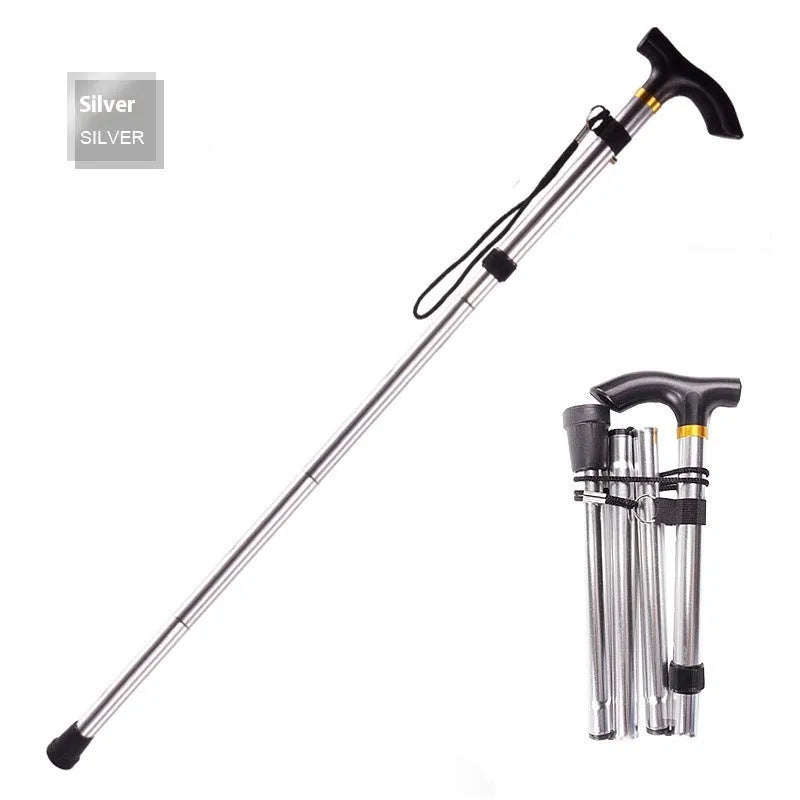 Aluminum folding walking cane extended to show adjustable shaft and rubber tip