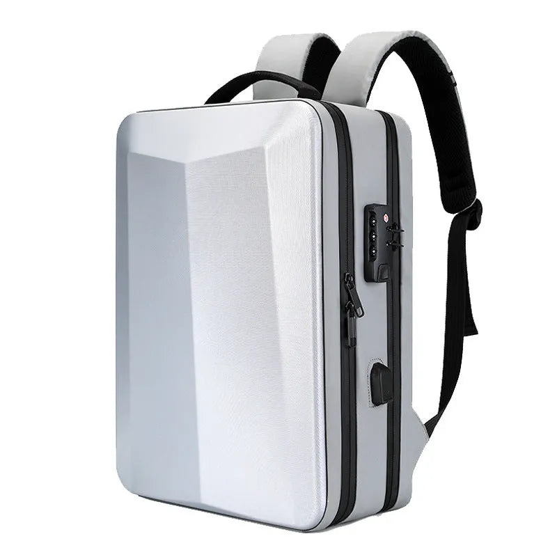 Waterproof black business backpack with curved shoulder straps showing ABS PC Oxford cloth construction