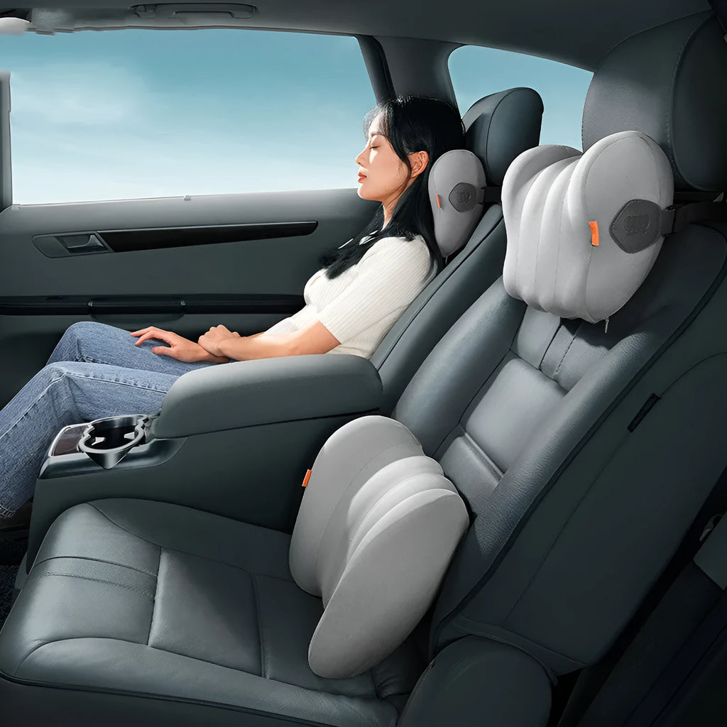 Car head pillow and lumbar support pillow set with memory foam filling in grey or orange colour options