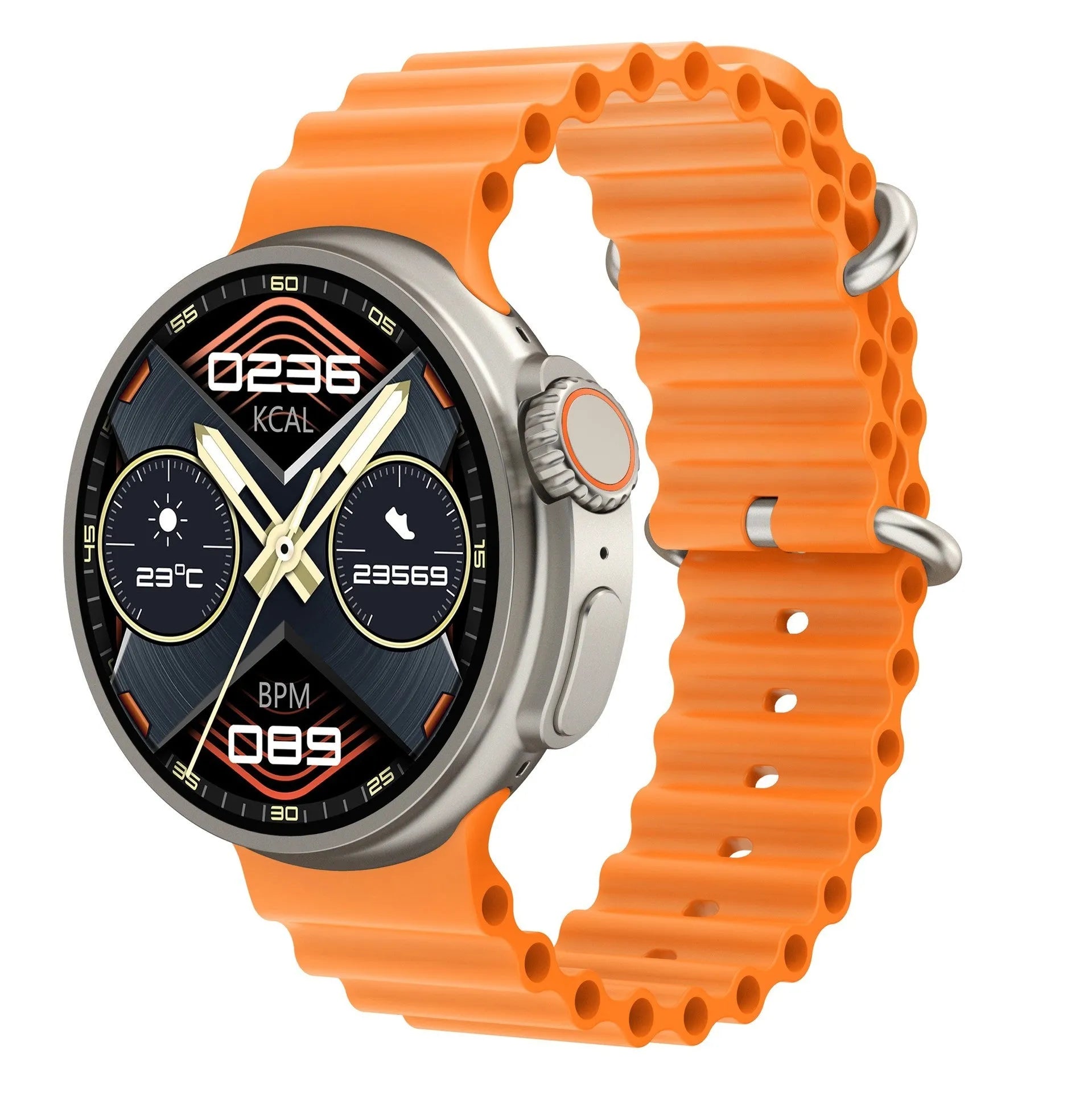 K9 smart watch with round screen and silicone strap showing health stats on display
