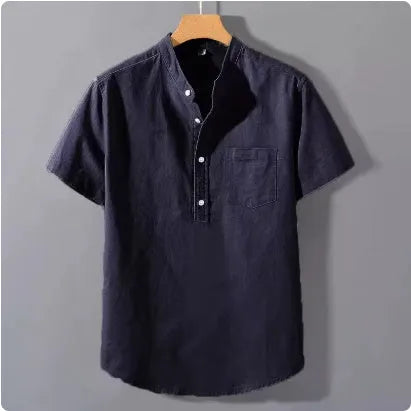 Men's beige casual short sleeve linen shirt with a stand collar and loose fit on a hanger.