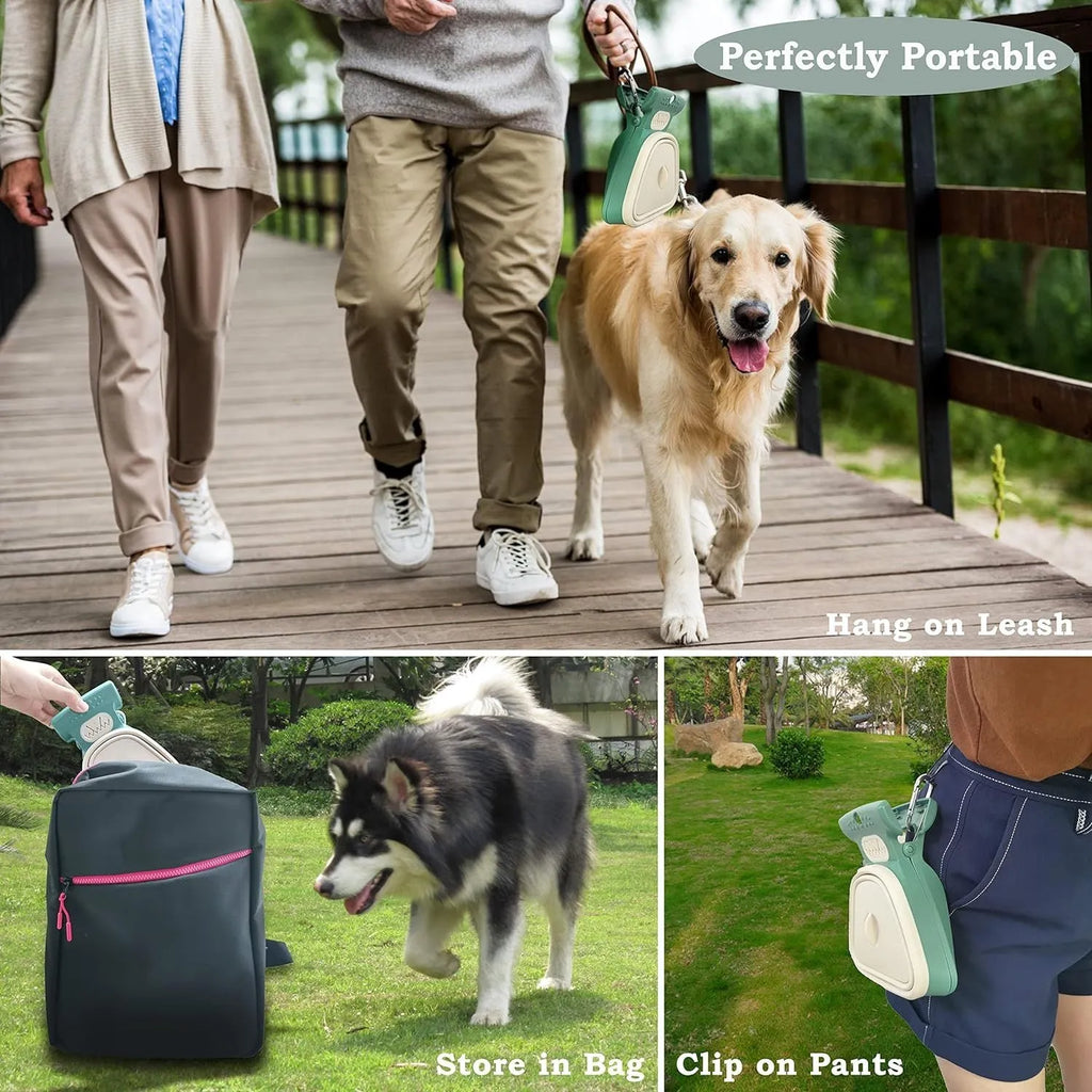 Blue portable pooper scooper with clip, expandable container, and integrated waste bag dispenser for dog waste cleanup.