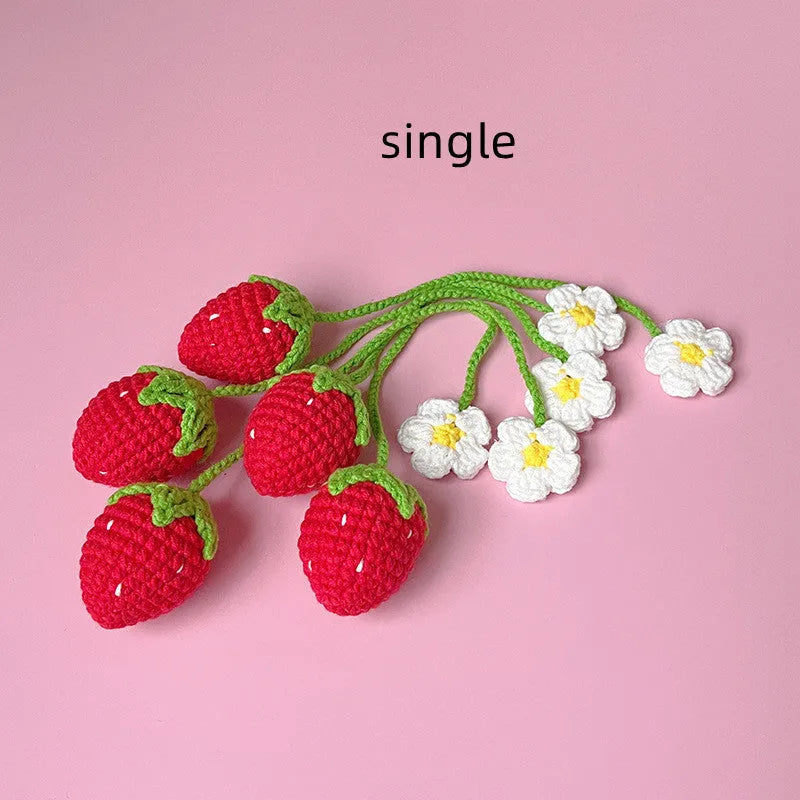 Wool crochet strawberry pendant necklace in pink or red colour with 35cm length