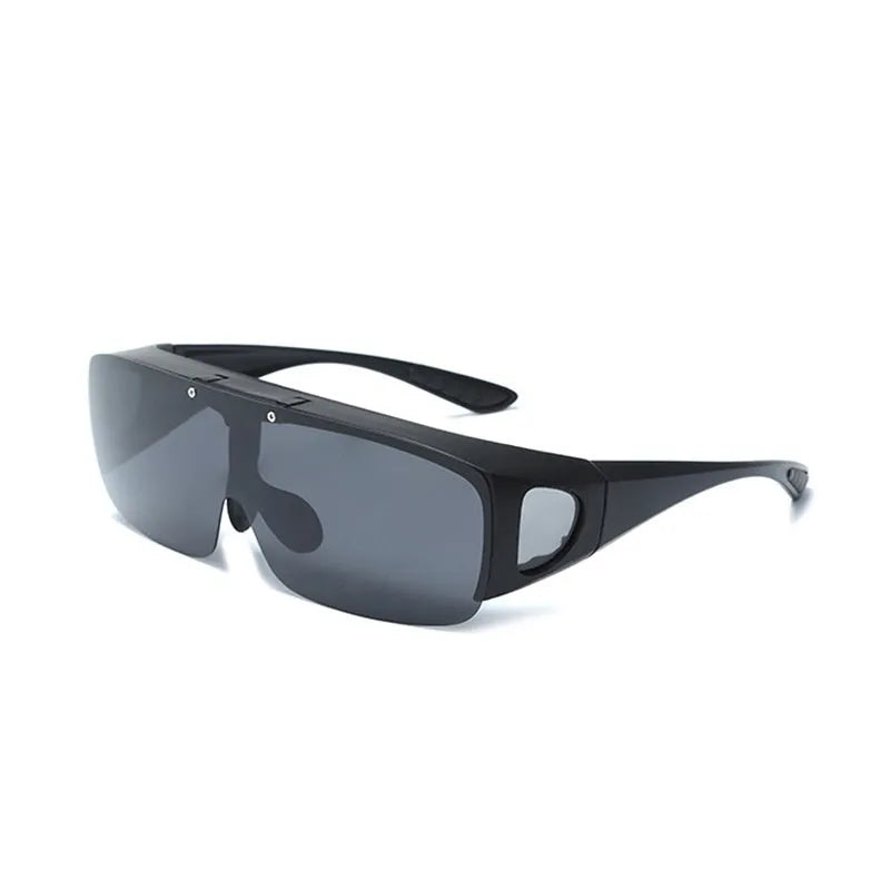 Polarized clip-on sunglasses with a one-piece frame shown in multiple lens colour options including black and grey