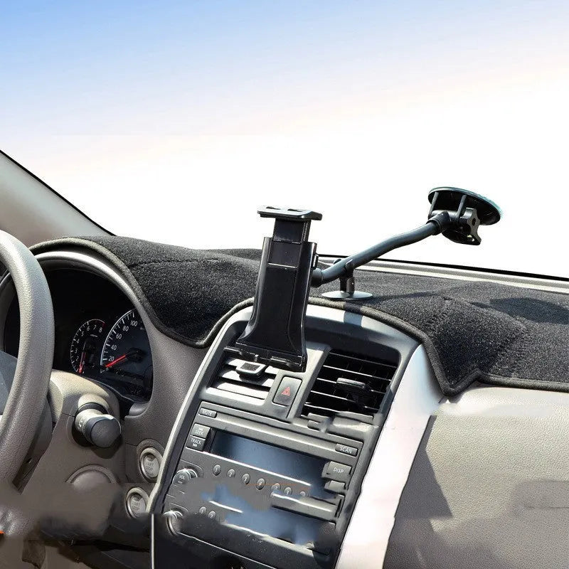 Black vehicle-mounted tablet holder with adjustable 4-12 inch arm and suction cup mount