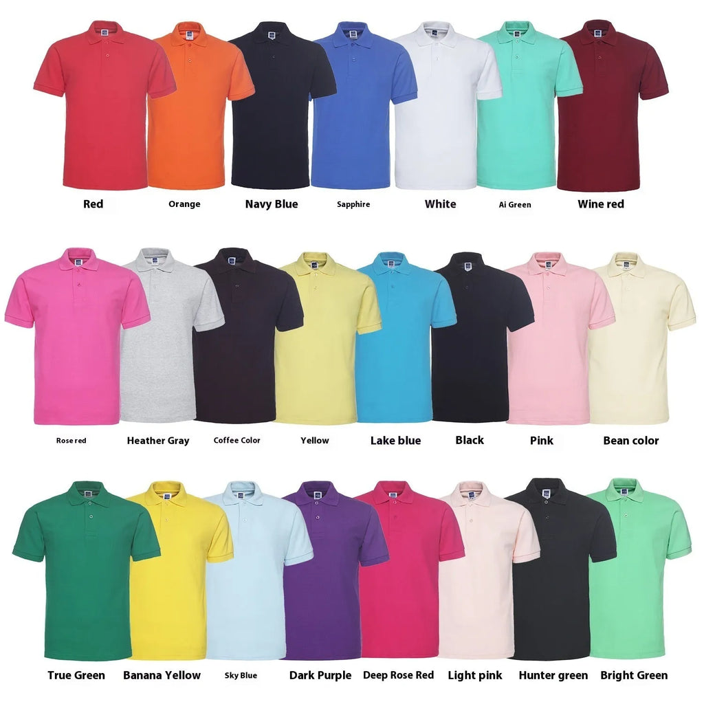 Plus size short sleeve polo shirt in loose cotton blend fabric shown in multiple solid colours