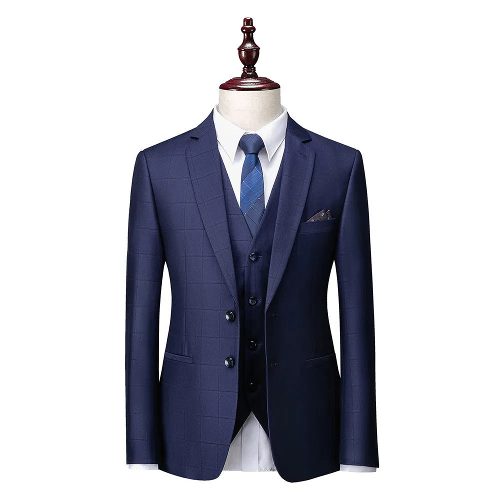Men's navy blue plaid three-piece slim fit business casual suit with jacket, vest, and trousers