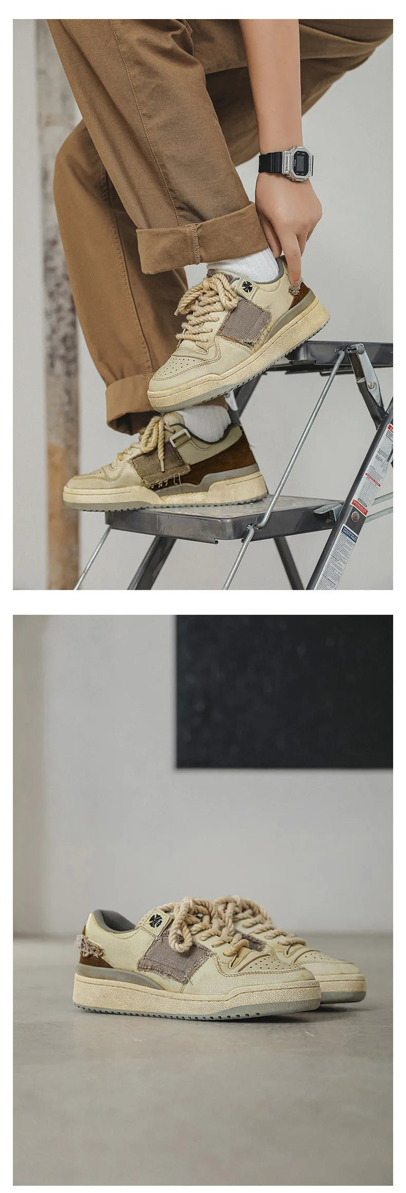 Beige low-top casual skate shoes with lace-up front and flat rubber sole.