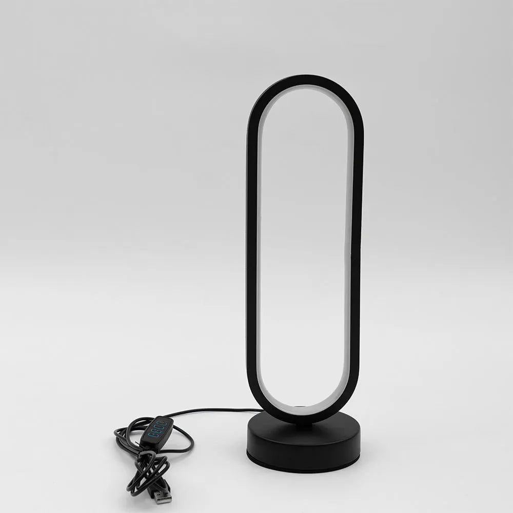 Black and white USB ring dimming LED night lamp with acrylic shade and iron base, 32 cm tall, three colour settings