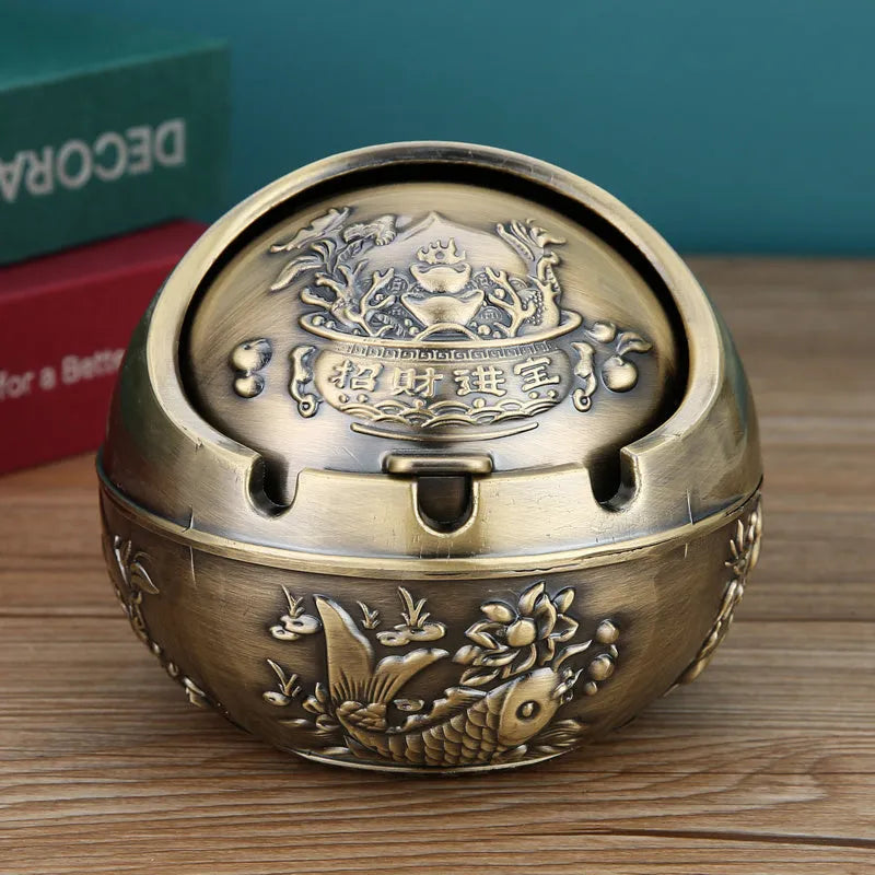 Alloy ashtray with smoke extinguishing slot in bronze finish featuring decorative dragon and phoenix design
