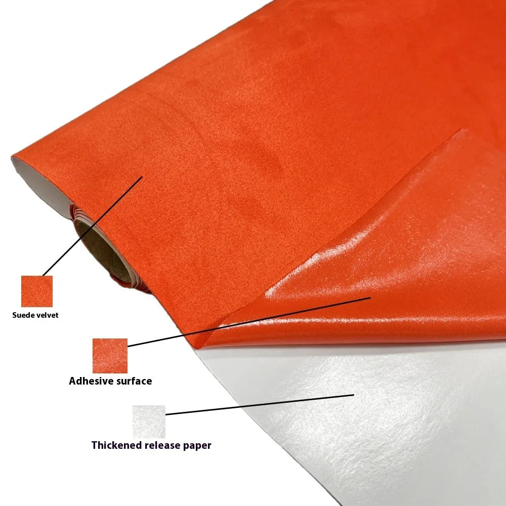 Self-adhesive leather suede sheet roll in multiple colour swatches showing black, brown, blue, and red.