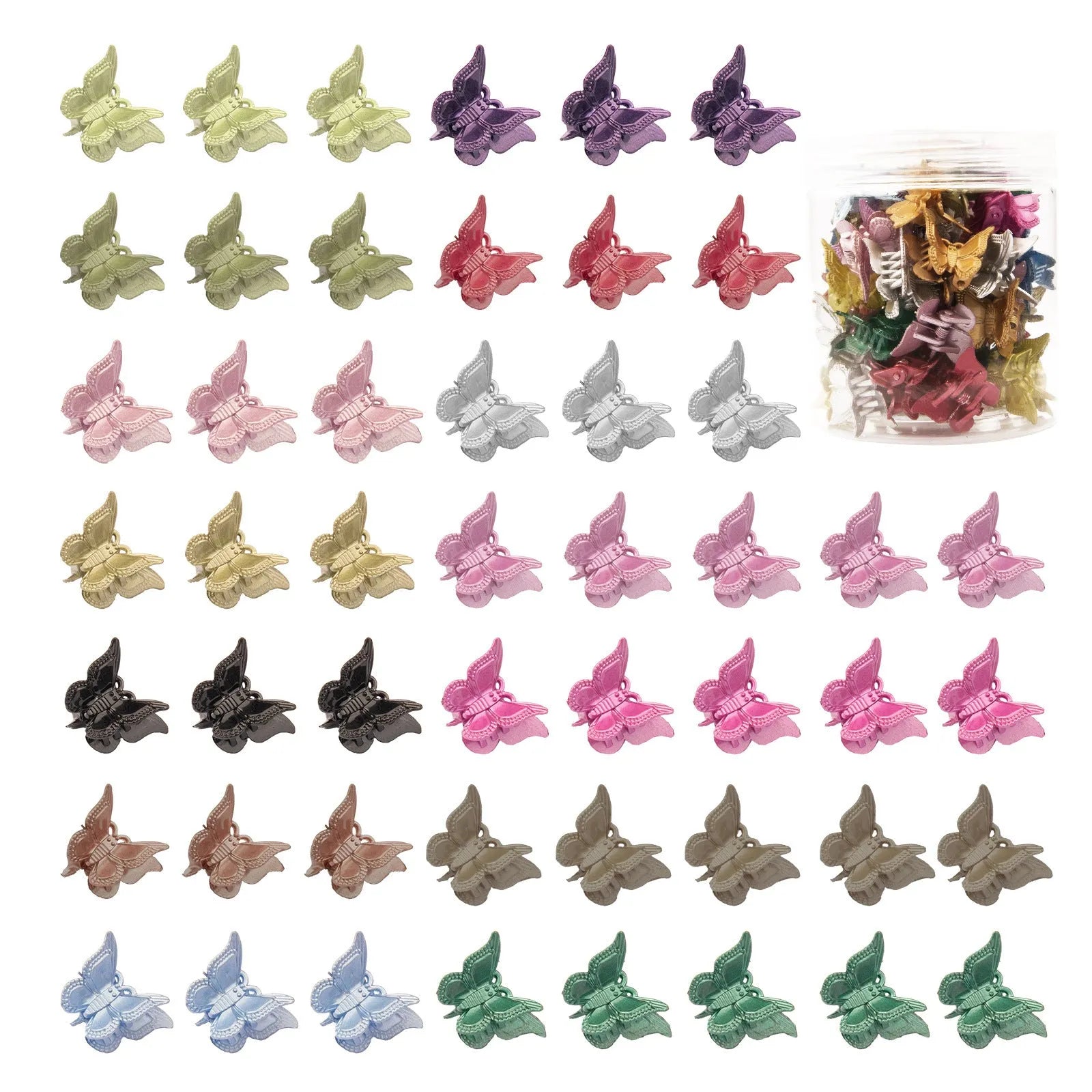 Assortment of 50 small glitter butterfly hair claw clips in multiple colours on a white background.