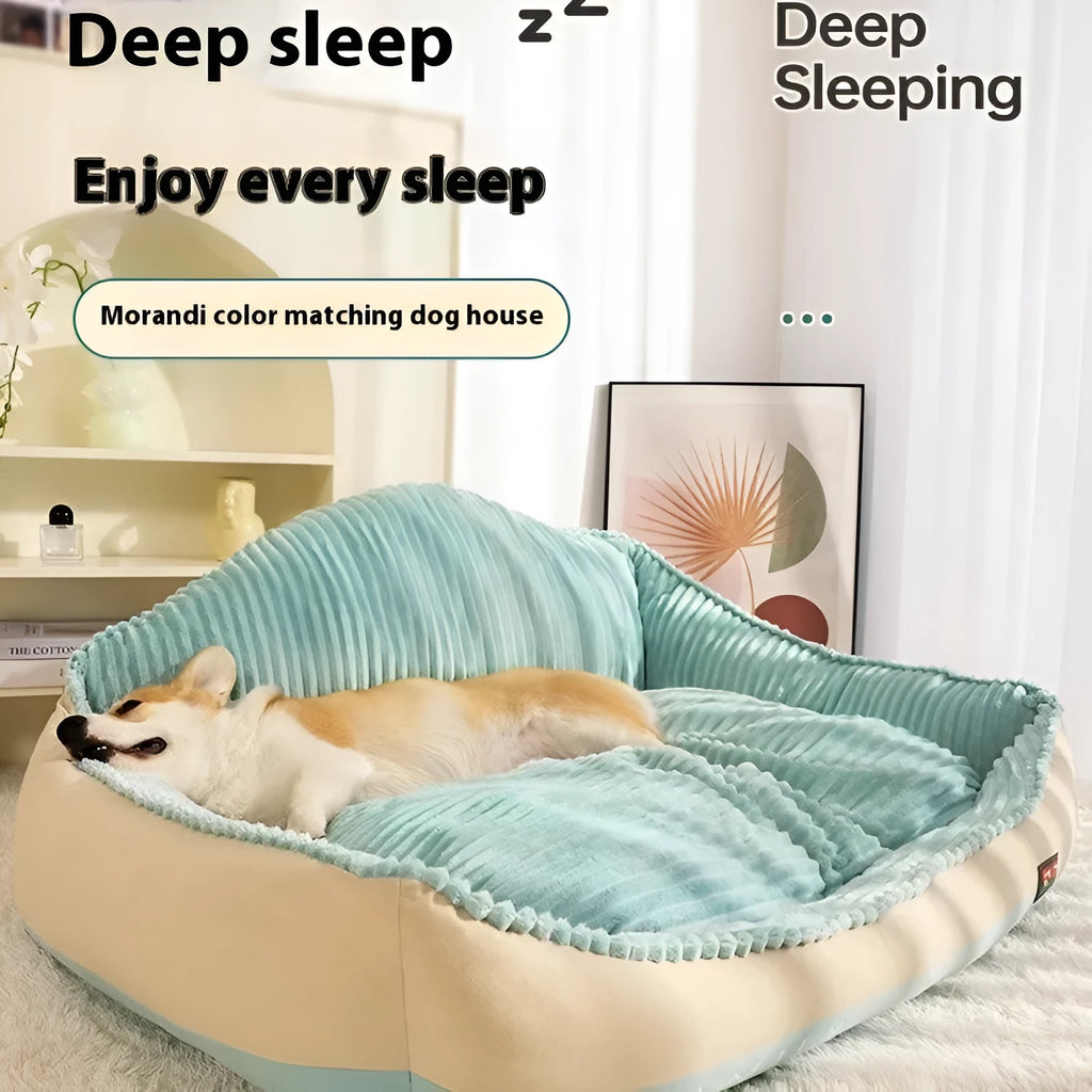 Morandi colour kennel-style dog mat cat bed with removable cover on a sofa, shown in two sizes.