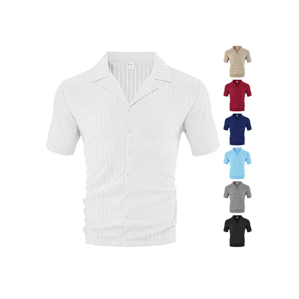 Men's loose casual cardigan short sleeve lapel top in polyester fabric 30 count available in six colours