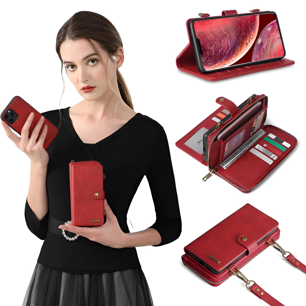 Detachable magnetic wallet phone case in black for Samsung Galaxy and iPhone