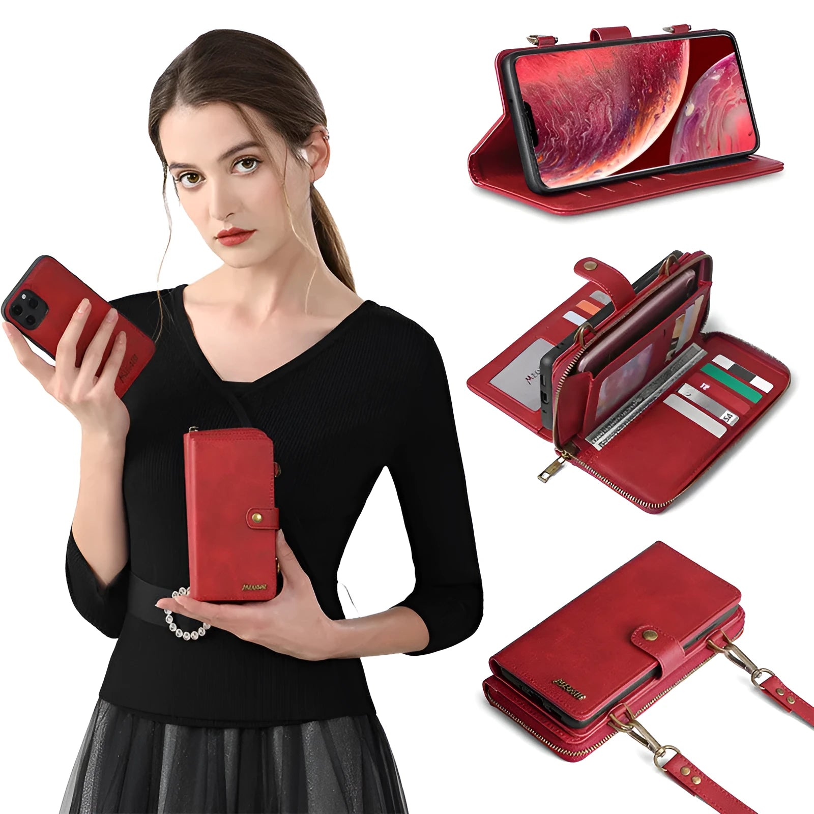 Detachable magnetic wallet phone case in black for Samsung Galaxy and iPhone