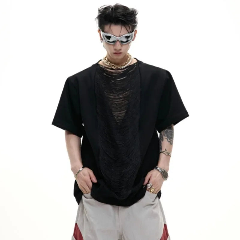 Men's black loose fit T-shirt with hollow out V-neck design and short sleeves