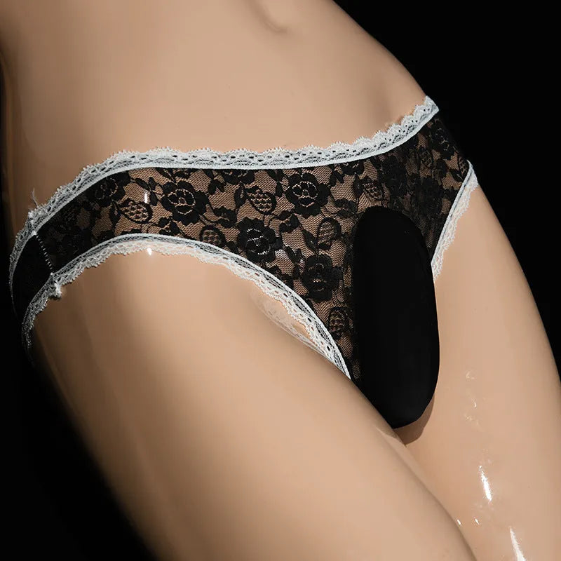 Qing He men's lace underwear briefs with vertical pouch design in black on white background