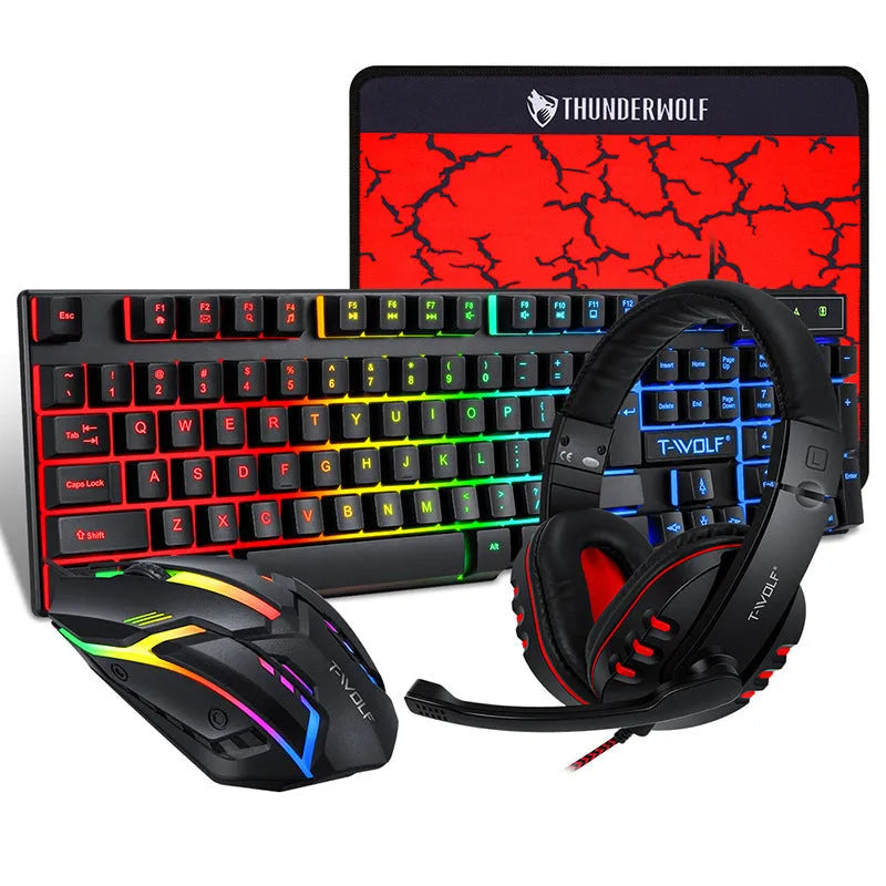 Thunder Wolf gaming keyboard and mouse bundle with wired USB connections, headset and mouse pad