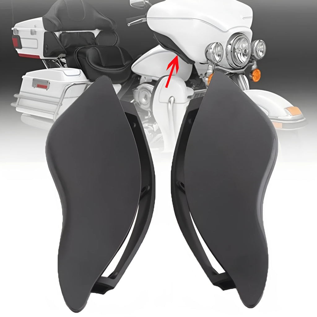 Pair of smoked ABS windshield side wings for a Harley-Davidson trike conversion.