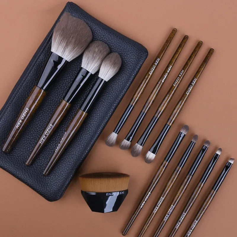 12-piece makeup brush set with wooden handles in PU travel case