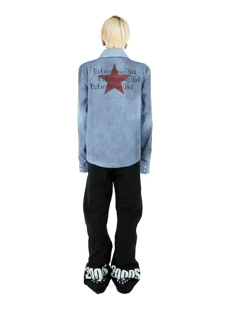 Washed blue striped casual shirt with lapel collar and long sleeves on mannequin